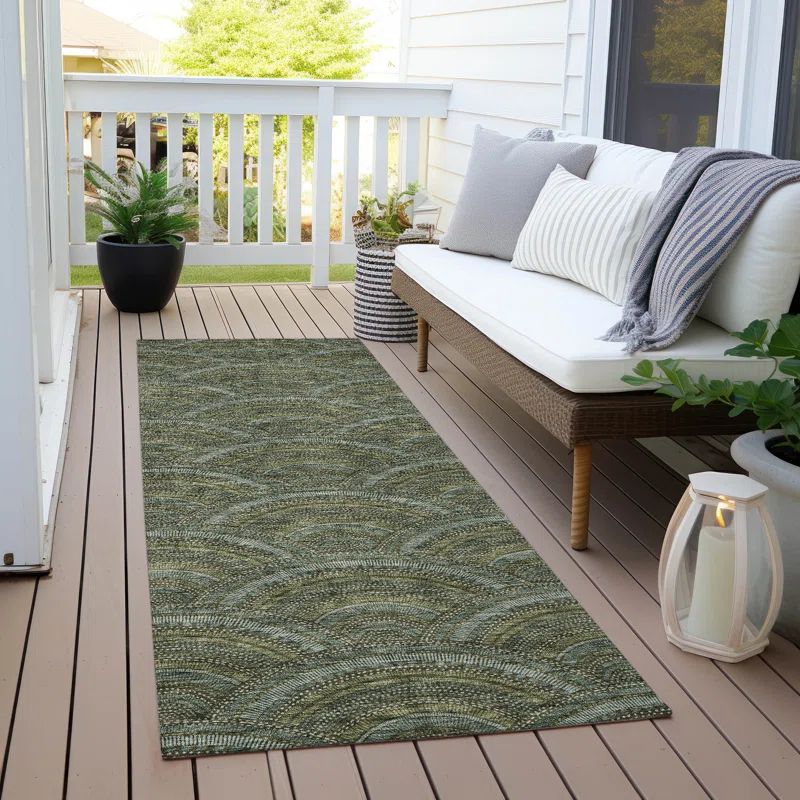 Olive Synthetic Machine-Washable Indoor/Outdoor Runner Rug