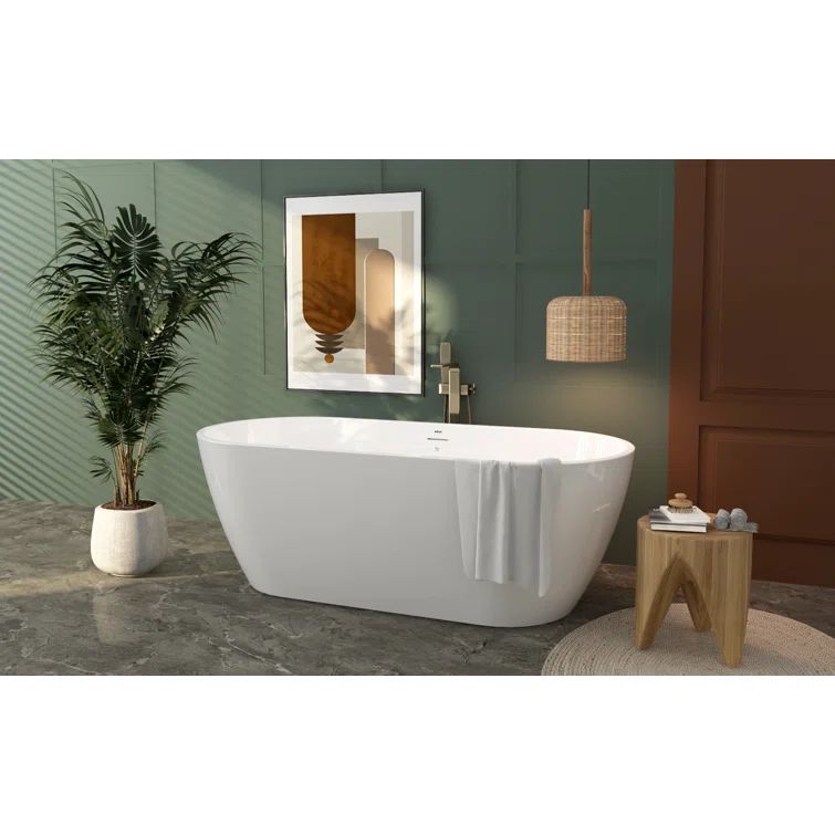 Bali 67" White Acrylic Freestanding Soaking Bathtub with Brushed Nickel Drain
