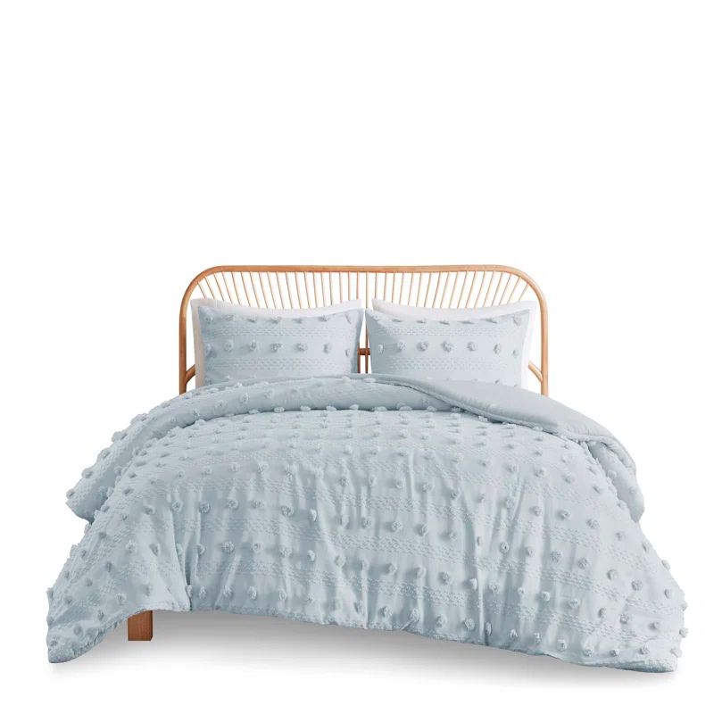 Blue Clip Jacquard Twin/Twin XL Duvet Cover Set with Pompom Accents