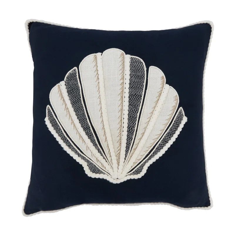 Navy Blue Embroidered Seashell Cotton Throw Pillow