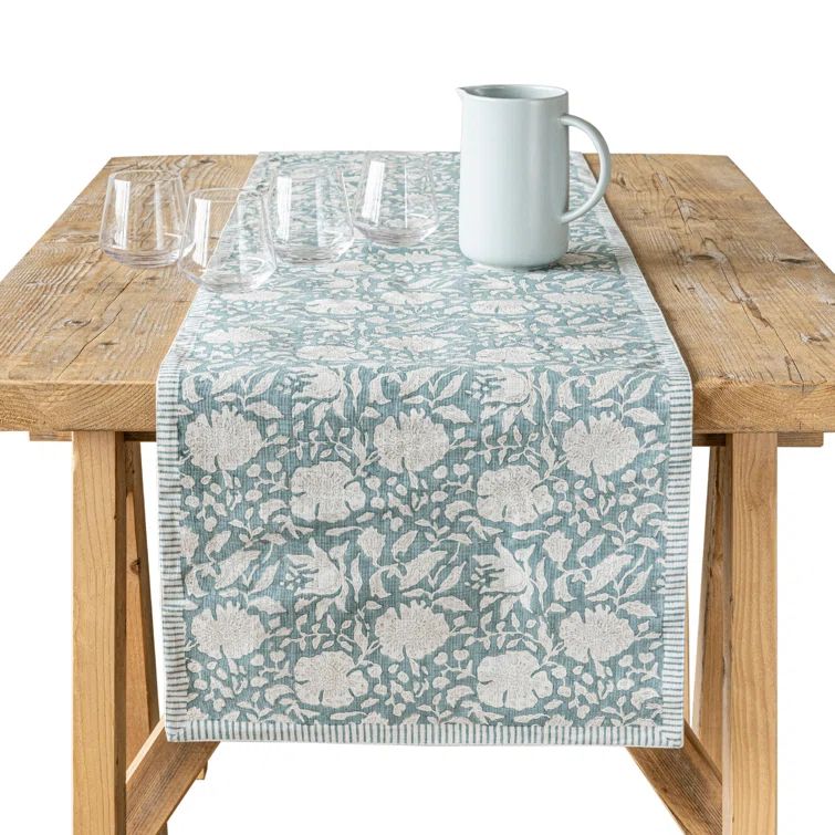 Blue Floral Cotton Hand-Blocked Table Runner, 18" x 90"