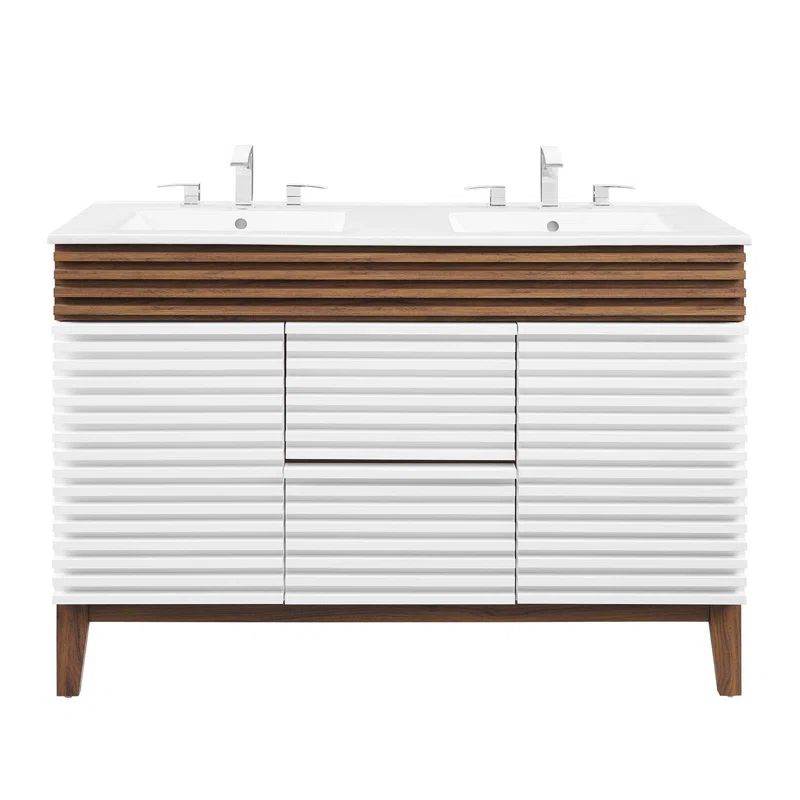Render 48" White and Walnut Double Sink Bathroom Vanity