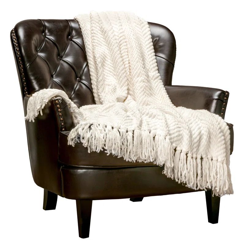 Cream Knitted Acrylic Throw Blanket with Tassels