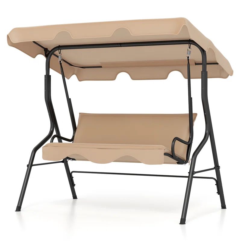 Beige Metal Frame Outdoor Patio Swing with Adjustable Canopy