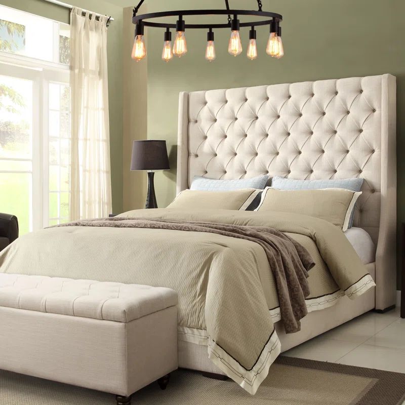 Desert Sand Linen Queen Bed with Tufted Upholstered Headboard