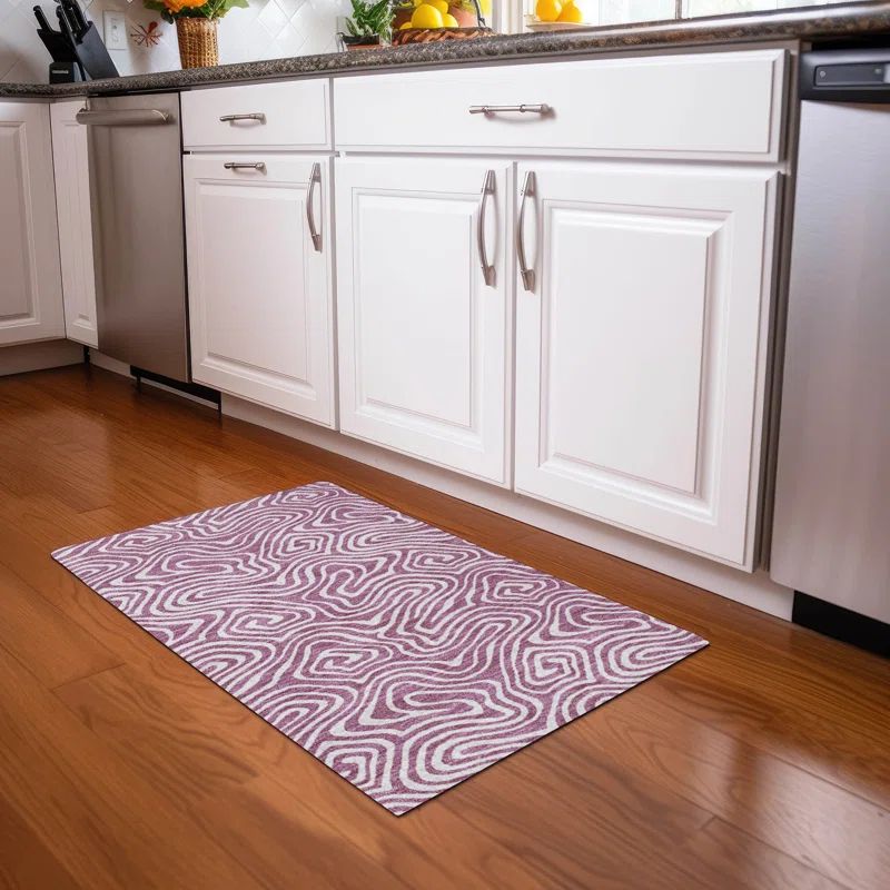 Plum and White Rectangular Washable Synthetic Rug