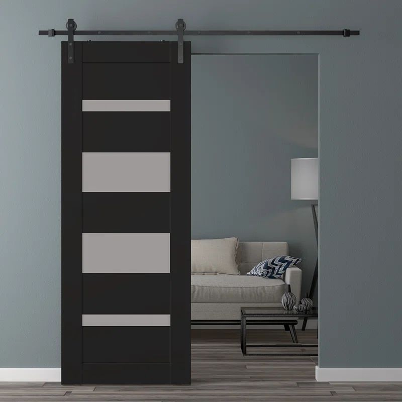 Matte Black Solid Composite Barn Door with Frosted Glass Panels