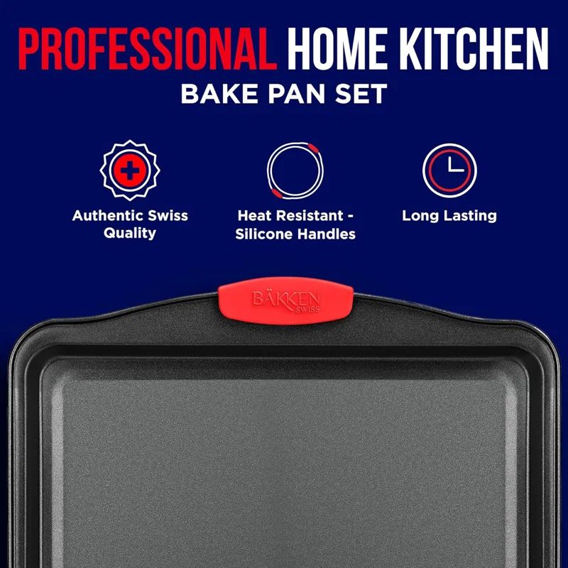 Nonstick Carbon Steel Cookie Sheet Pan Set with Red Silicone Handles