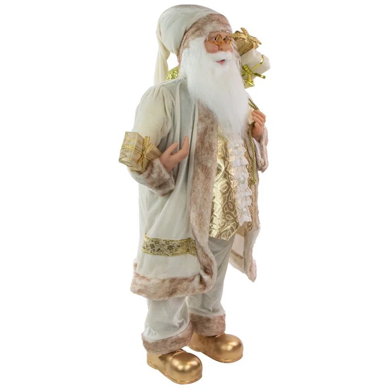 36" Winter White and Gold Santa Claus Christmas Figurine with Gift Bag