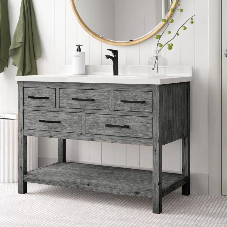 Betty Weathered Gray Solid Fir Wood Single Bathroom Vanity with Quartz Top