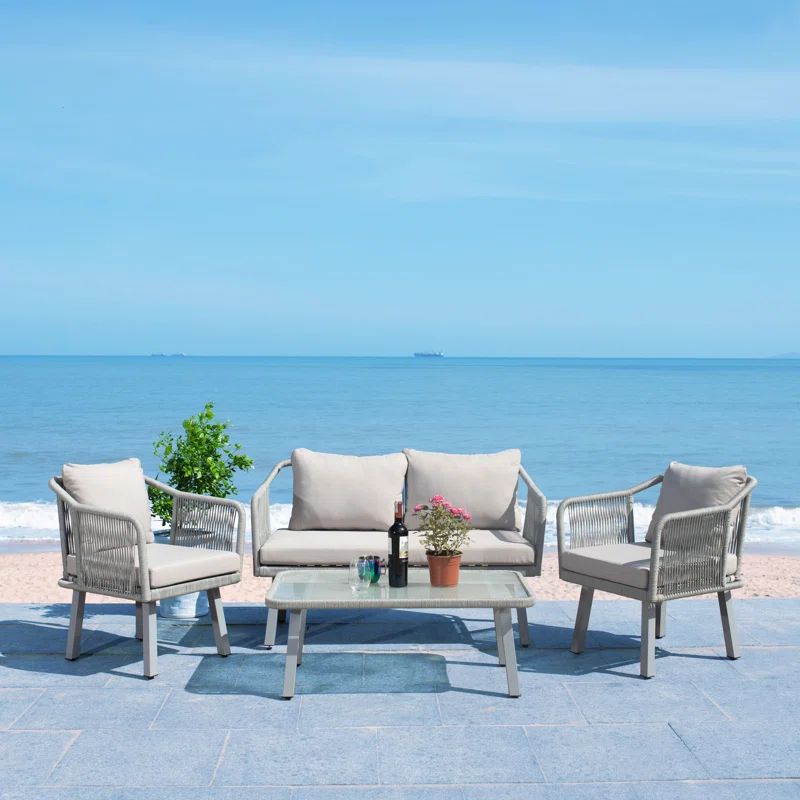 Gray 4-Piece Rattan Sofa Seating Group with Beige Cushions