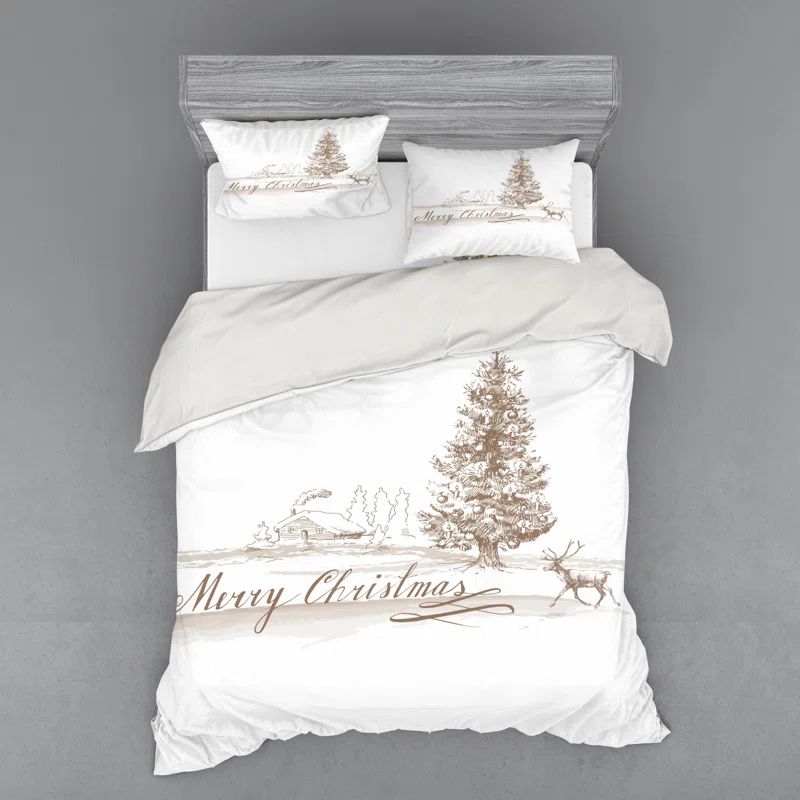 White and Beige Queen Christmas Duvet Cover Set