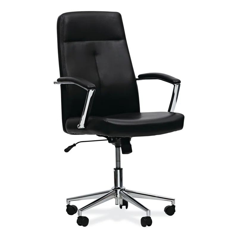 Black Leather Task Chair with Chrome Base and Fixed Arms