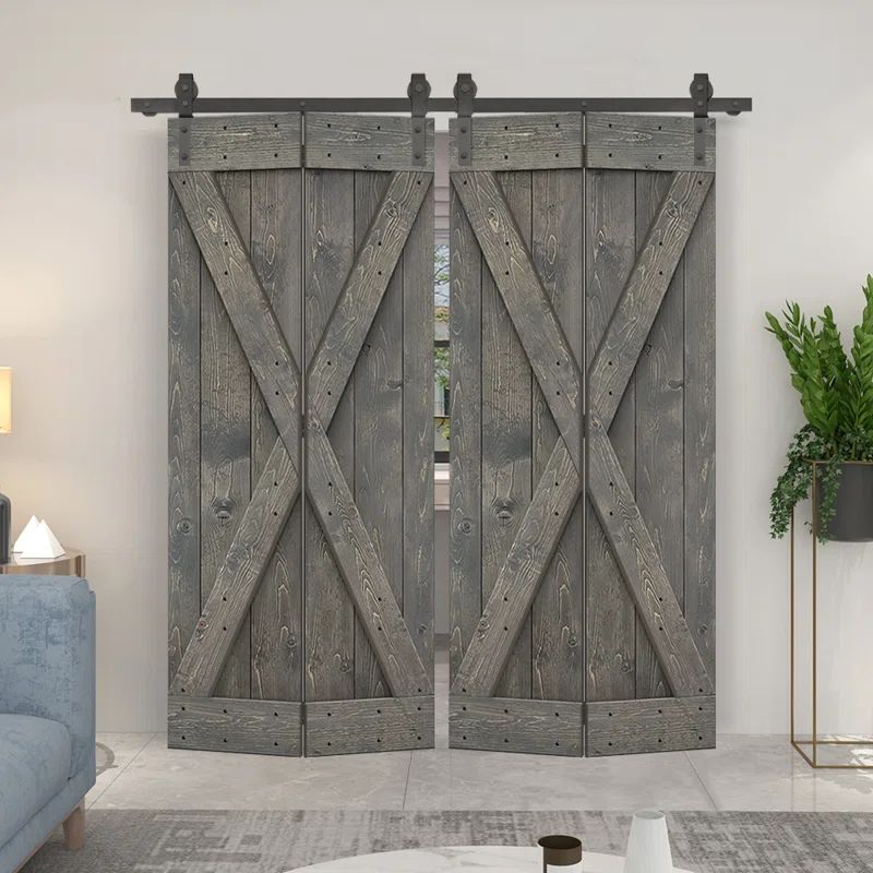 Weather Gray Pine Solid Core Bi-Fold Barn Door with Sliding Hardware Kit