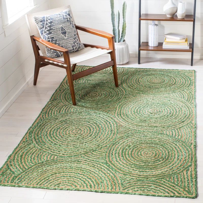 Green and Natural Geometric Handmade Jute Cotton Area Rug 4' x 6'