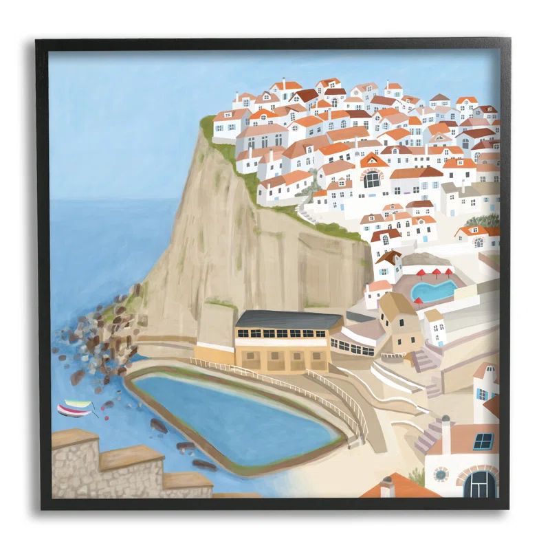 Portugal Sea Port Coastal City Landscape Illustration Black Framed Print