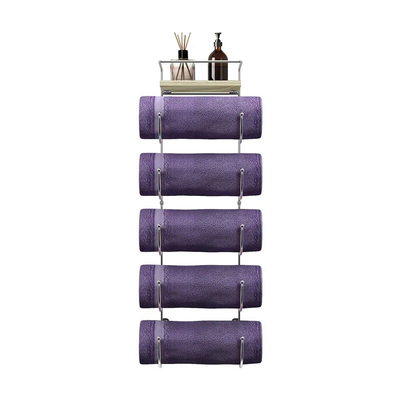 Silver Wall Mounted 5-Tier Metal Towel Rack with Wooden Shelf