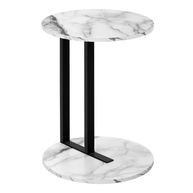 Round White Marble Laminate and Black Metal Accent Table
