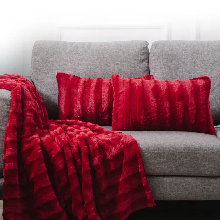 Maroon Faux Fur Decorative Throw Pillow Set for Couch or Bed
