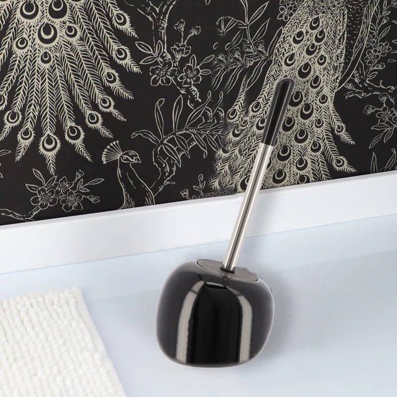 Black Stoneware Toilet Brush and Holder Set with Stainless Steel Handle
