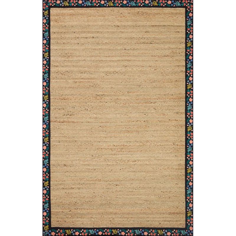 Natural Jute and Black Floral Braided Area Rug