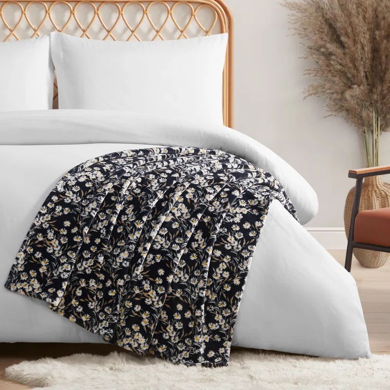 Black Floral Fleece Plush Throw Blanket 50" x 70"