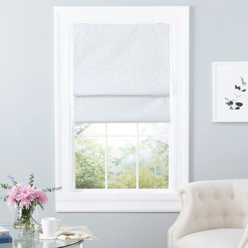 White Cordless Total Blackout Roman Shade with Jacquard Leaf Pattern