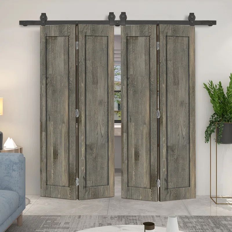 Weather Gray Pine Wood Double Bi-Fold Door with Sliding Barn Hardware Kit