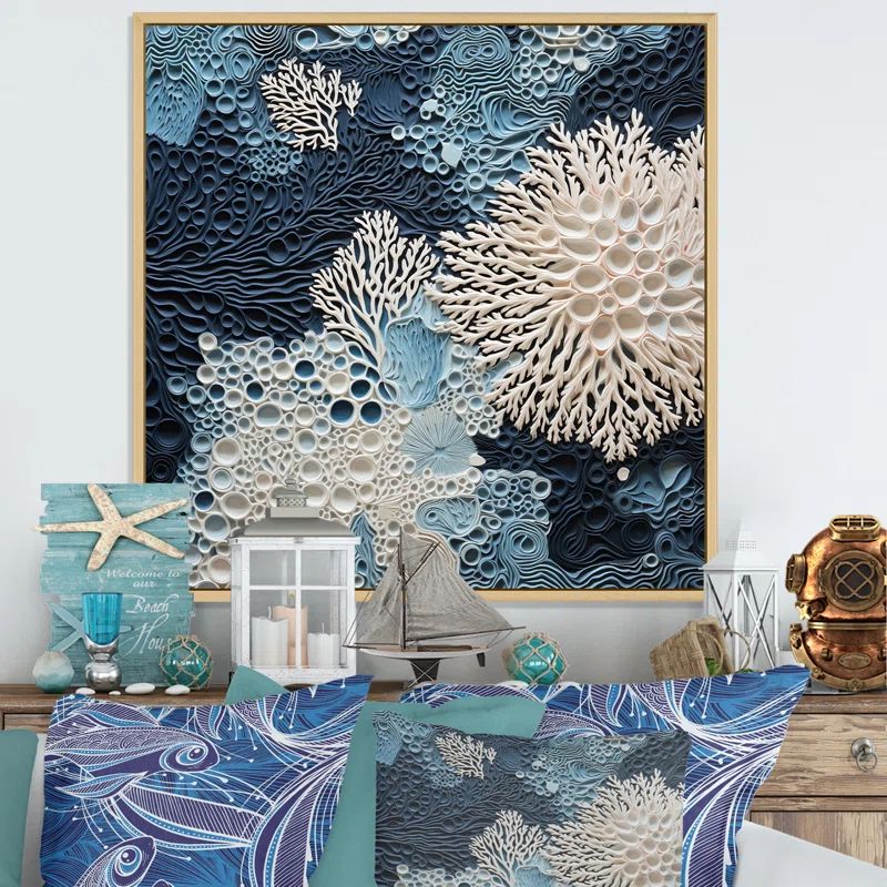 Underwater Blue and White Coral Collage Canvas Print with Maple Frame