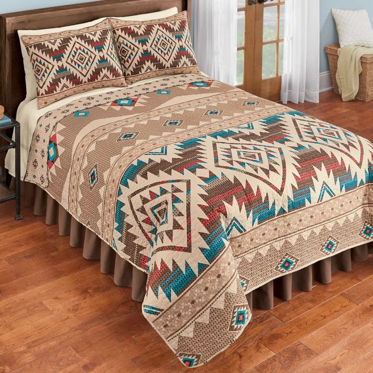 Full Size Reversible Brown Geometric Aztec Quilt Set