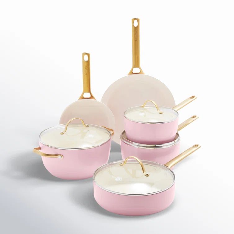 Blush Pink Ceramic Nonstick 10-Piece Cookware Set with Gold Handles