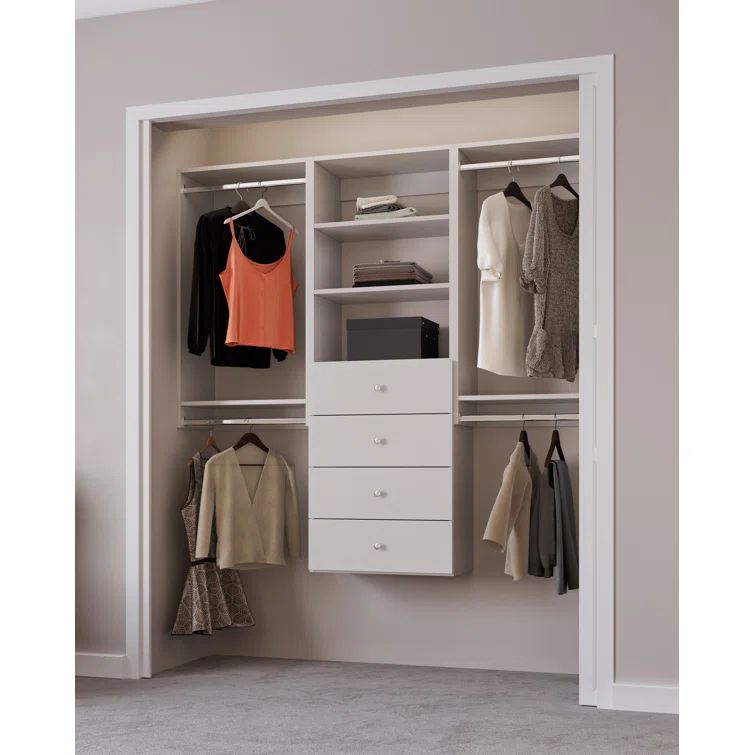 White Wood Closet System with Drawers and Shelves