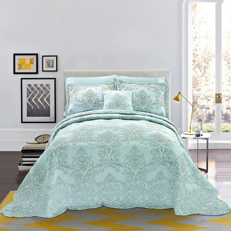 Oversized Blue and Taupe Embroidered Microfiber Bedspread Set