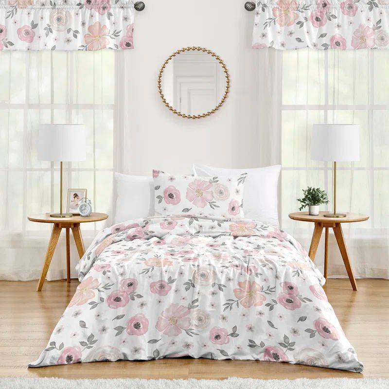 Pink and Grey Floral Twin Microfiber Comforter Set