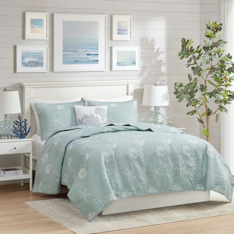 Dusty Blue Cotton Nautical Reversible Full Quilt Set