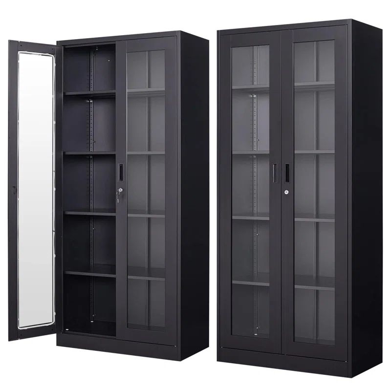 Black Metal Curio Cabinet with Glass Doors and Adjustable Shelves