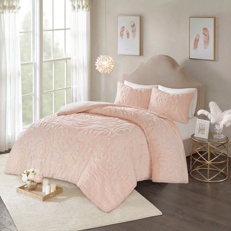 Blush Tufted Cotton Chenille Medallion King/Cal King Duvet Set