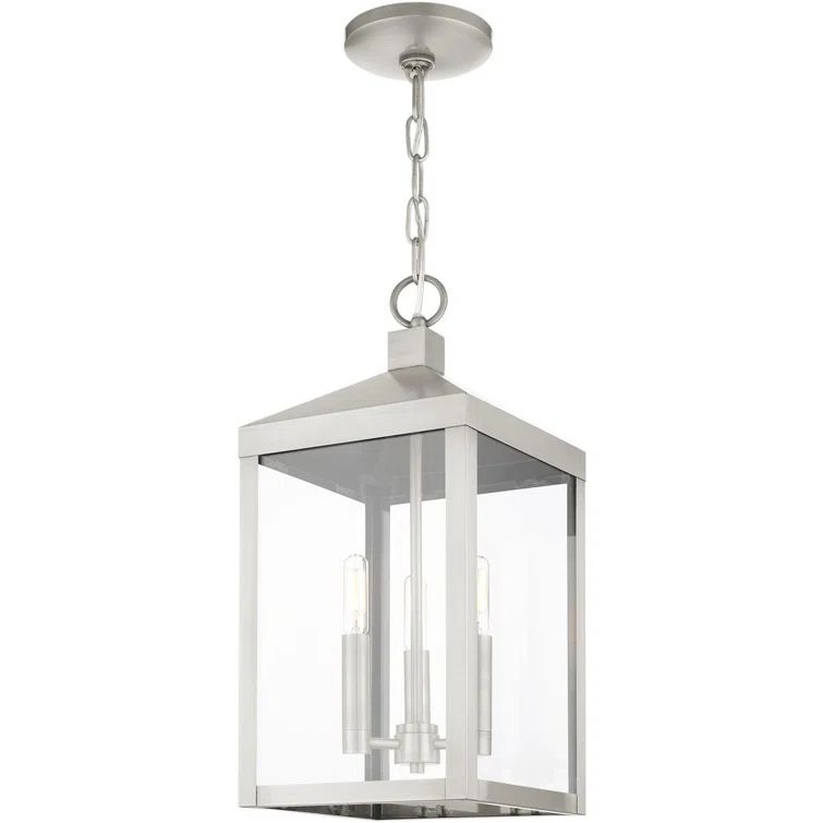 Brushed Nickel 3-Light Outdoor Pendant Lantern with Clear Glass