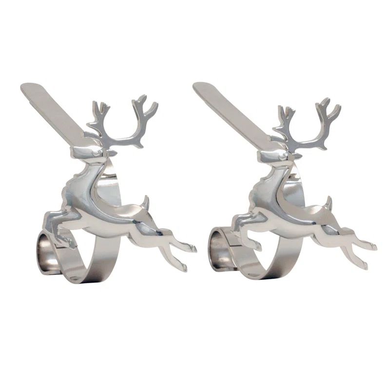 Silver Zinc Alloy Reindeer MantleClip Stocking Holders (2-Pack)