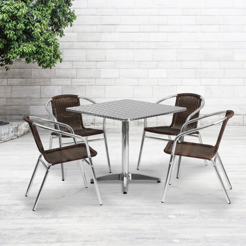 31.5'' Square Silver Stainless Steel Table Set with Dark Brown Rattan Chairs