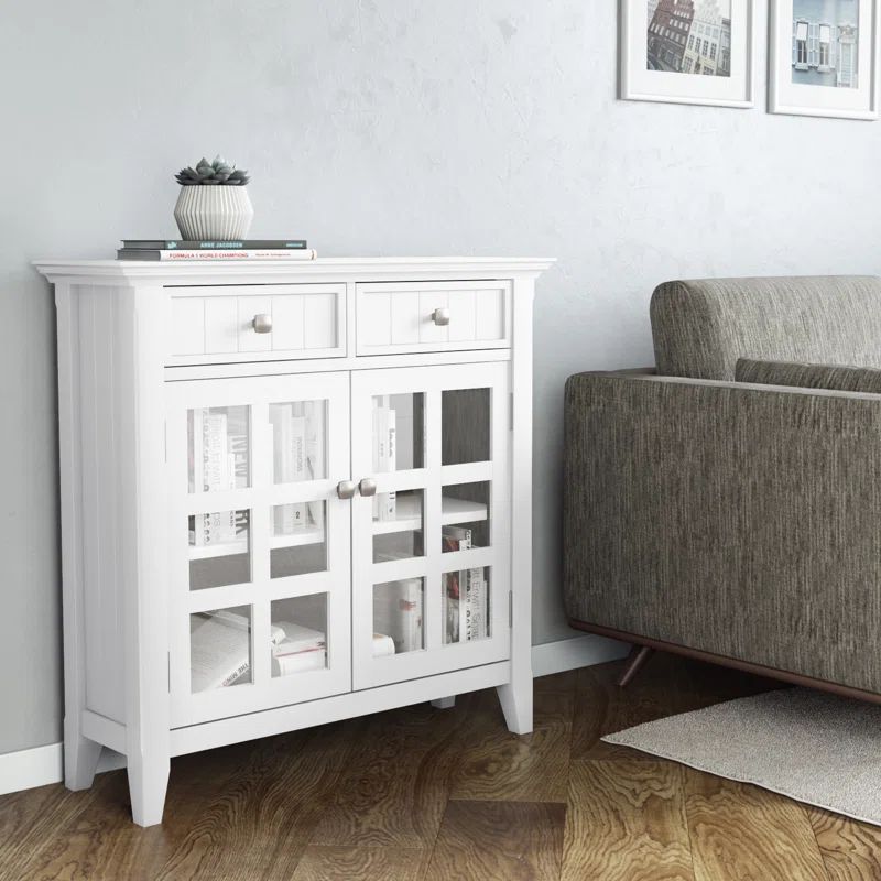 Acadian White Solid Wood Freestanding Storage Cabinet with Glass Doors