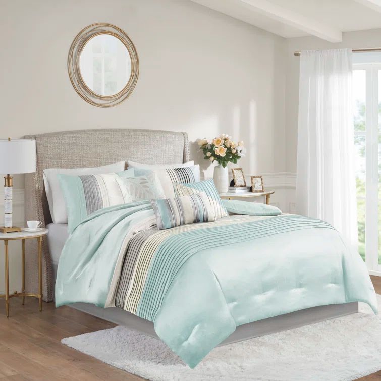 California King Blue Microfiber 7-Piece Reversible Comforter Set