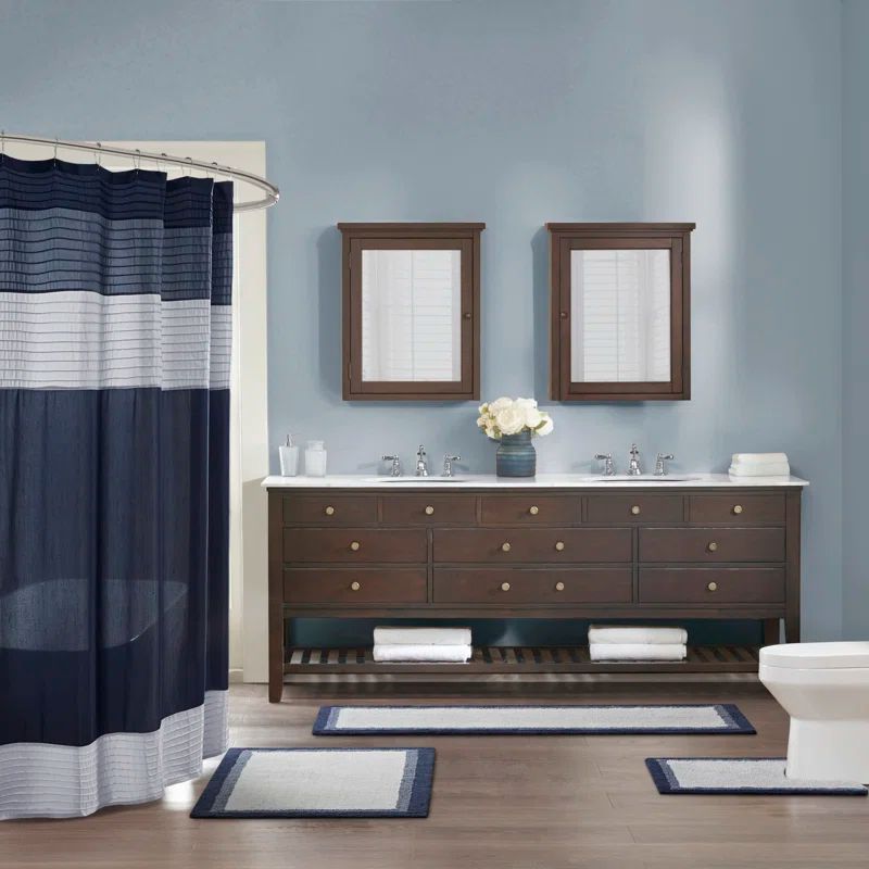 Gray and Navy Cotton Tufted Border Bath Rug