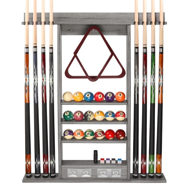 Brushed Gray Solid Wood Wall Mounted Pool Cue Rack with Score Counter