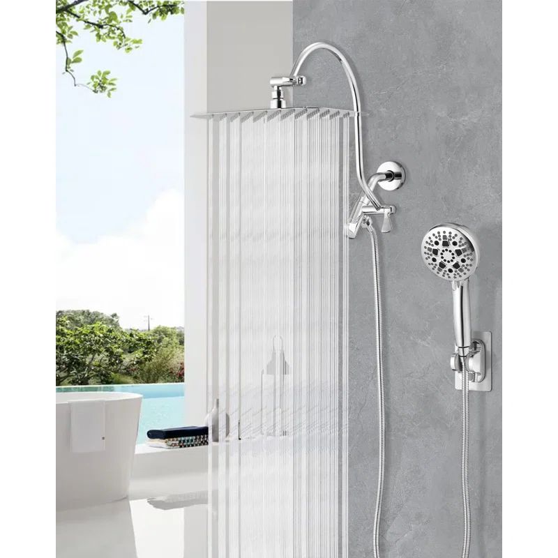 Chrome 12-Inch Rectangular Rain Shower Head with Handheld Combo