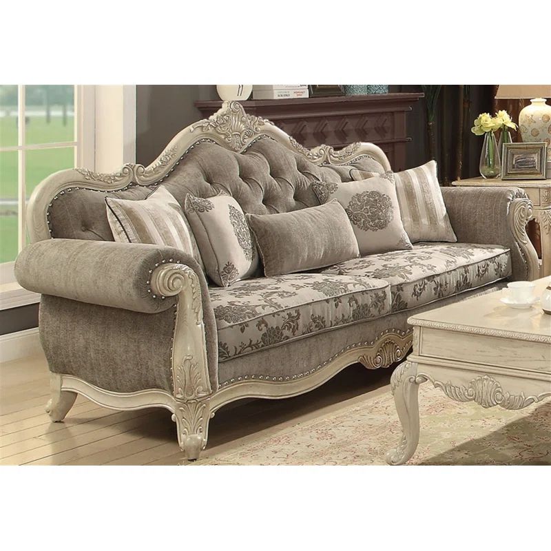 Gray Fabric and Antique White Tufted Sofa with Rolled Arms