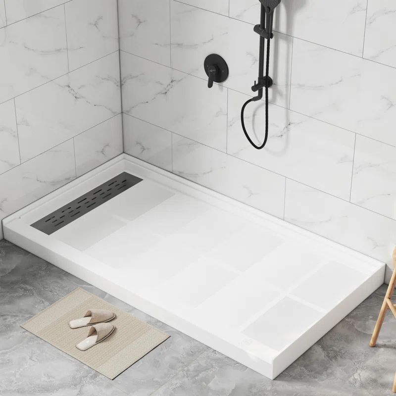 White Solid Surface 60" x 32" Anti-Slip Shower Base with Stainless Steel Drain Cover