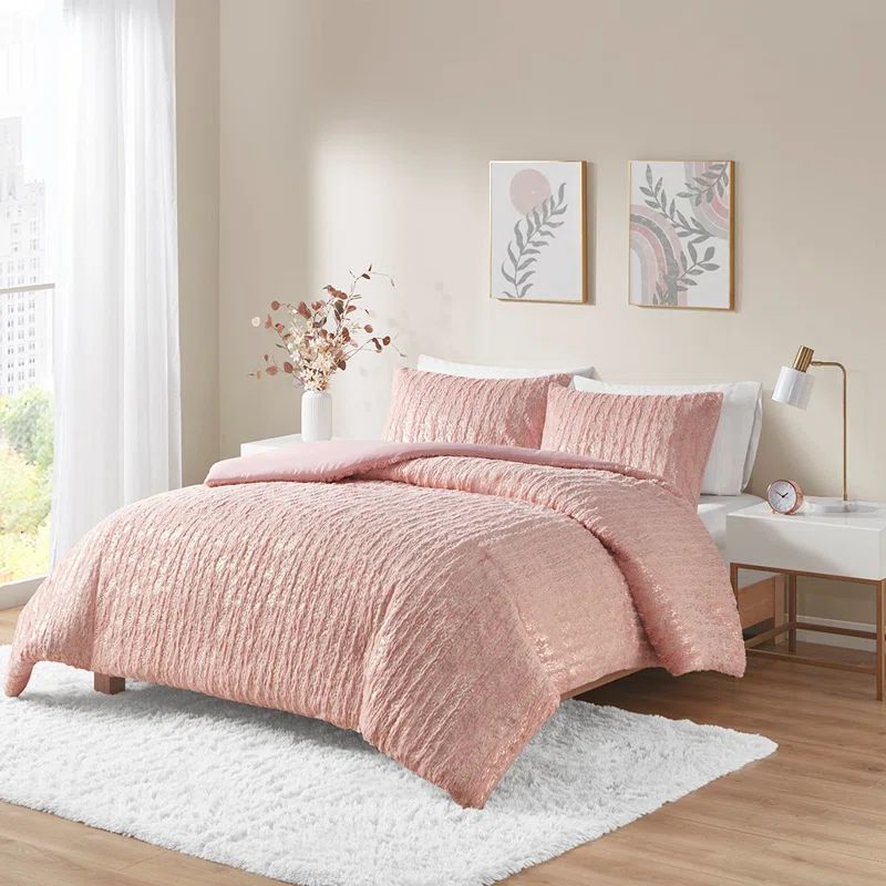 Full Blush Faux Fur Comforter Set with Gold Accents