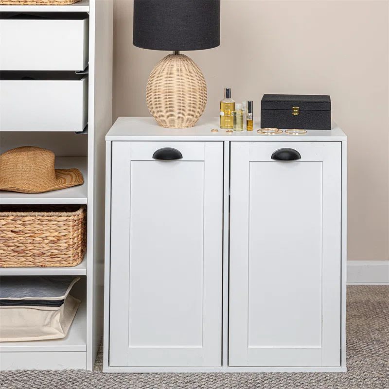 White Wood Laundry Sorter Cabinet with Drawstring Bags