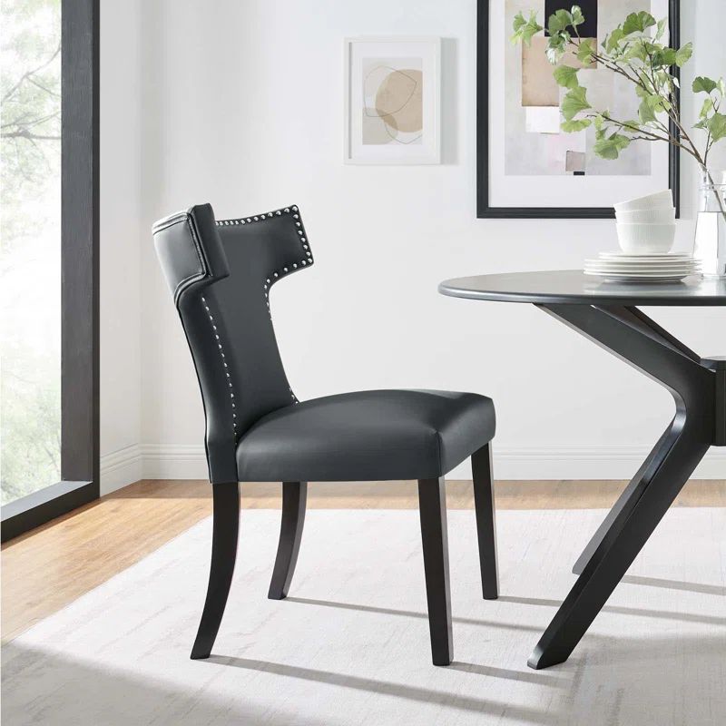 Gray Faux Leather Upholstered Side Chair with Wood Legs
